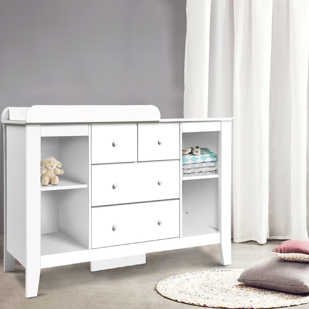 BABY-CHEST-WHITE-AB-3693-08 Keezi Baby Changing Table Diaper Station Drawers Chest Cabinet Nursery Furniture - Image 1