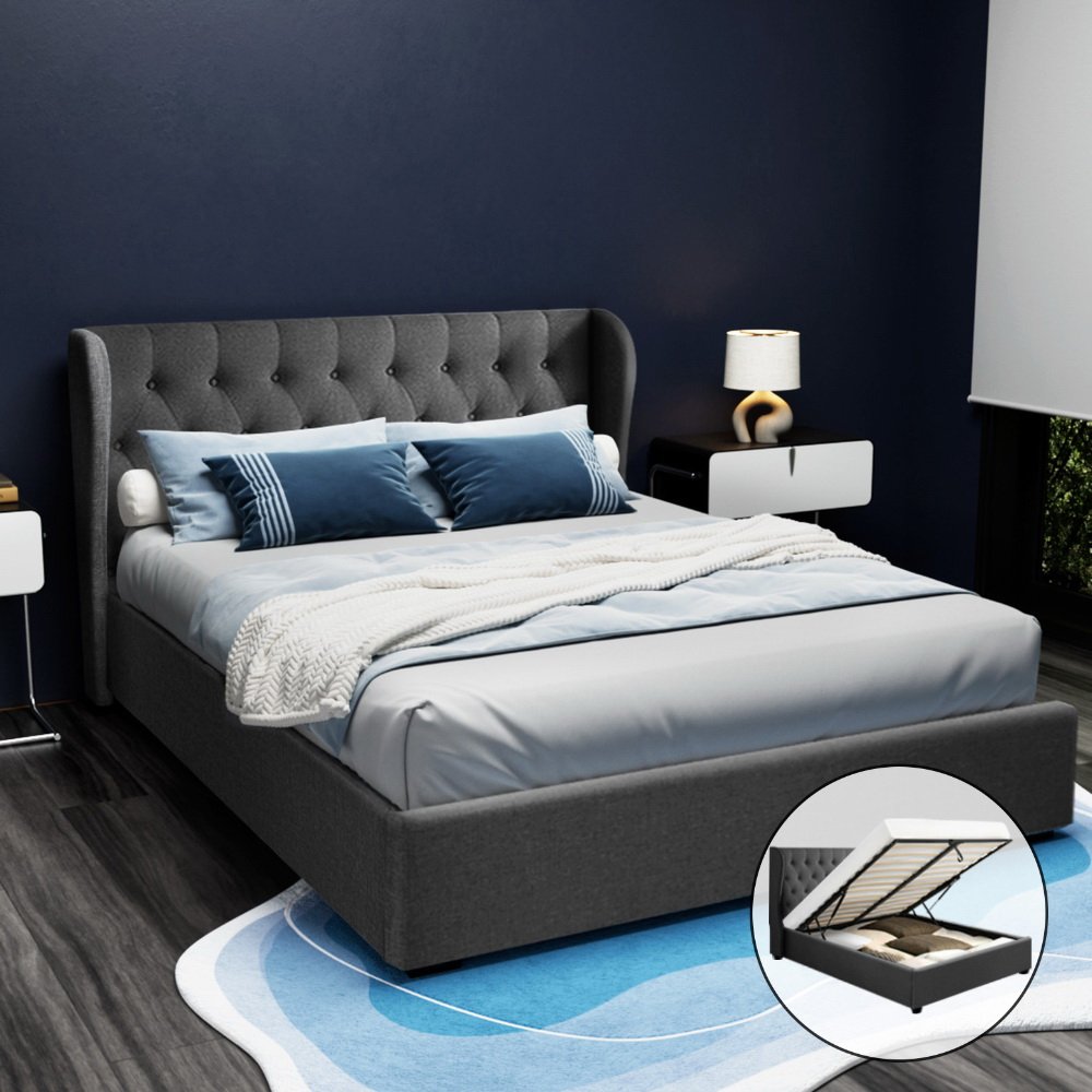 BFRAME-E-ISSA-Q-CHAR-AB-14138-07 Artiss Bed Frame Queen Size Gas Lift Charcoal ISSA - Image 1