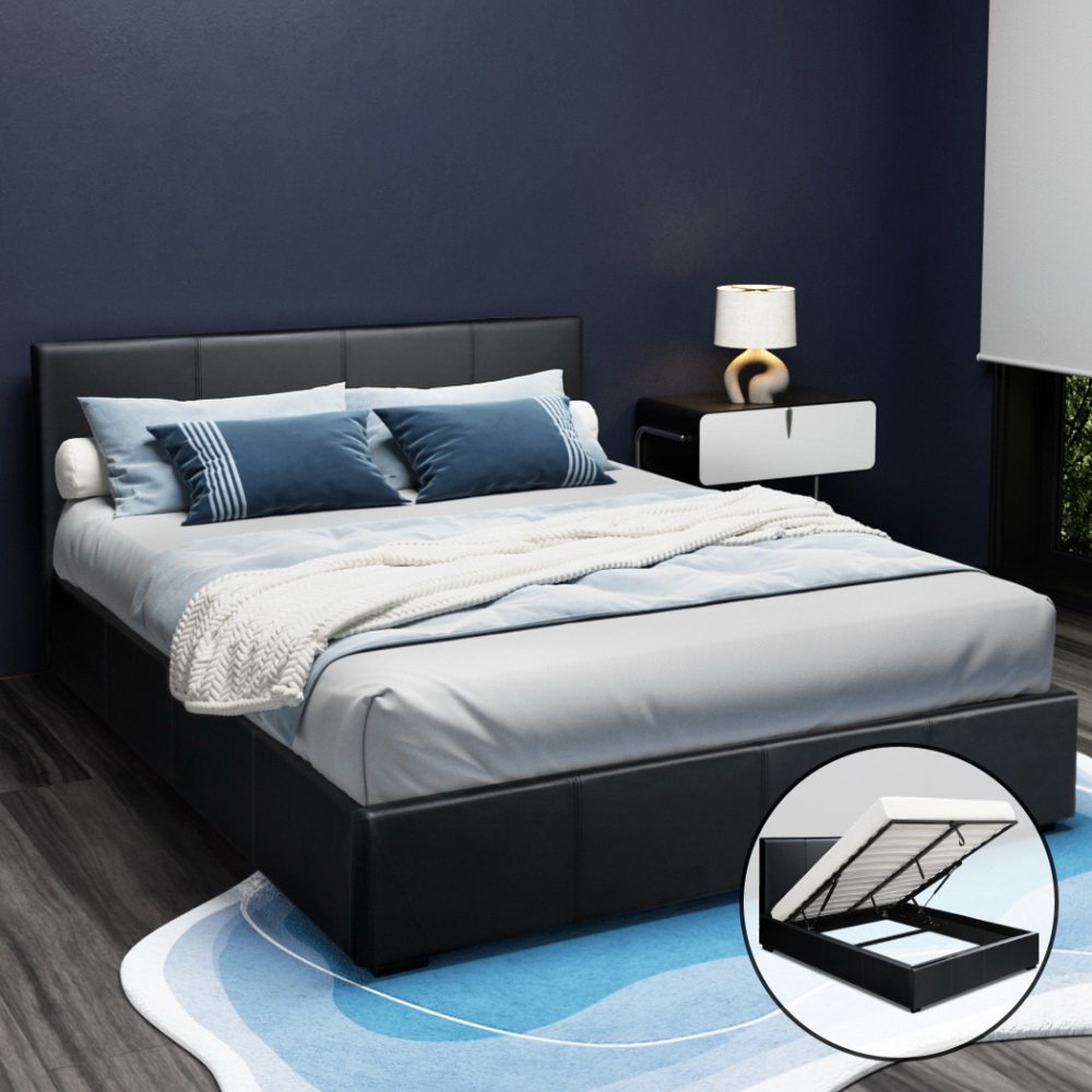 BFRAME-E-NINO-Q-BK-AB-8282-07 Artiss Bed Frame Queen Size Gas Lift Black NINO - Image 1
