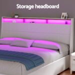 Artiss Bed Frame Gas Lift LED Beds Base Platform White PVC Leather Storage Headboard - King - Image 6