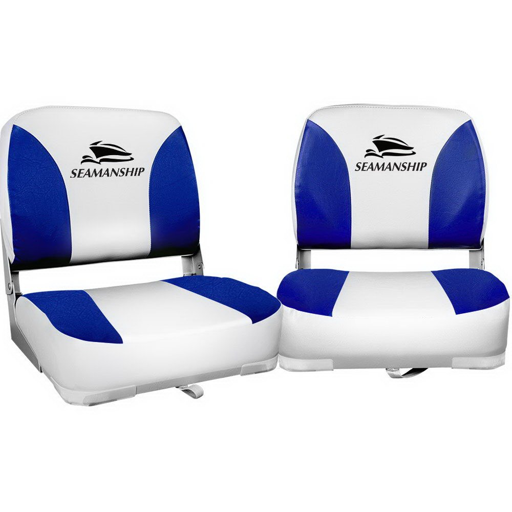 BS-86202-WB-40-00 Seamanship 2X Folding Boat Seats Marine Swivel Low Back 13cm Padding White Blue - Image 1