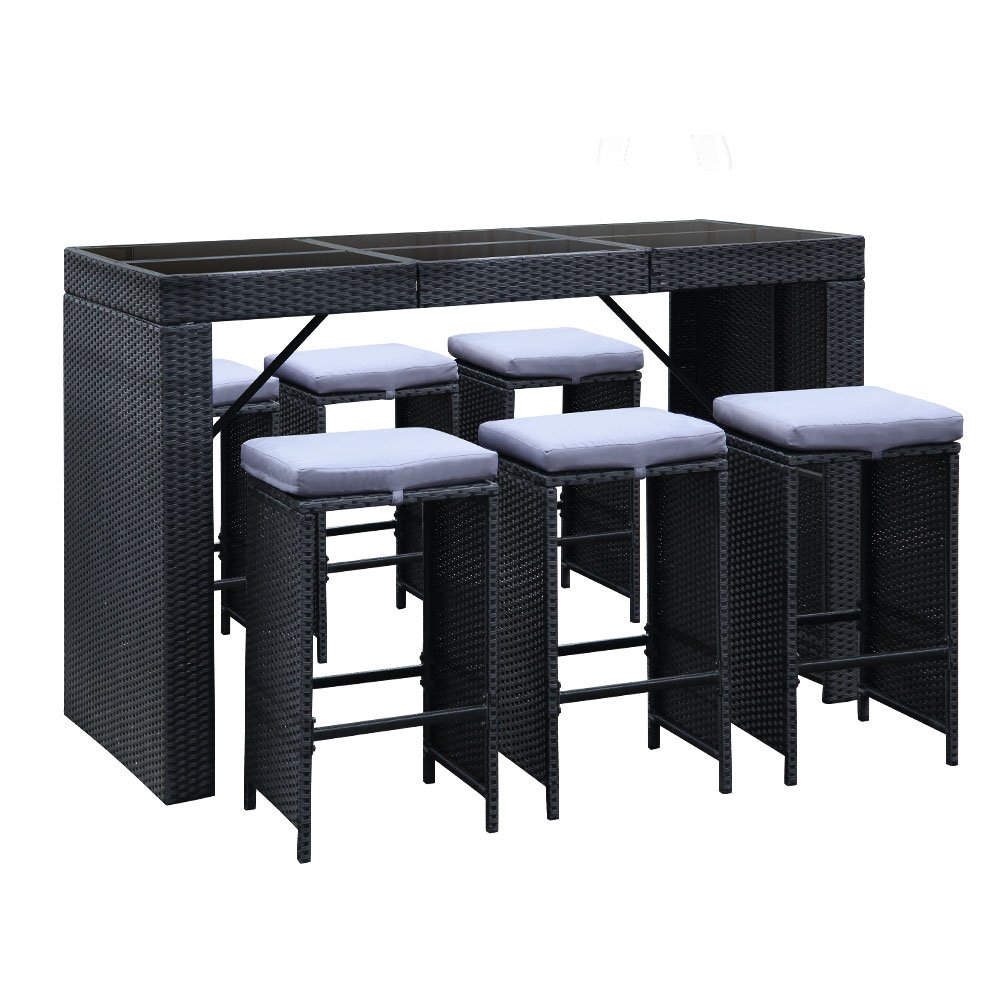 FF-BARSET-BK-7ABC-10499-00 Gardeon 7-Piece Outdoor Bar Set Dining Table Stools Wicker Patio Setting - Image 1