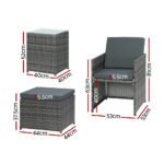 Gardeon 5PC Bistro Set Wicker Table and Chairs Ottoman Outdoor Furniture Grey - Image 2