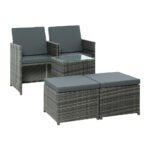 Gardeon 5PC Bistro Set Wicker Table and Chairs Ottoman Outdoor Furniture Grey - Image 3