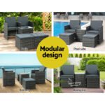 Gardeon 5PC Bistro Set Wicker Table and Chairs Ottoman Outdoor Furniture Grey - Image 6