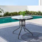 Gardeon Outdoor Bar Table Glass Cafe Table Steel Side Parasol Hole - Image 7