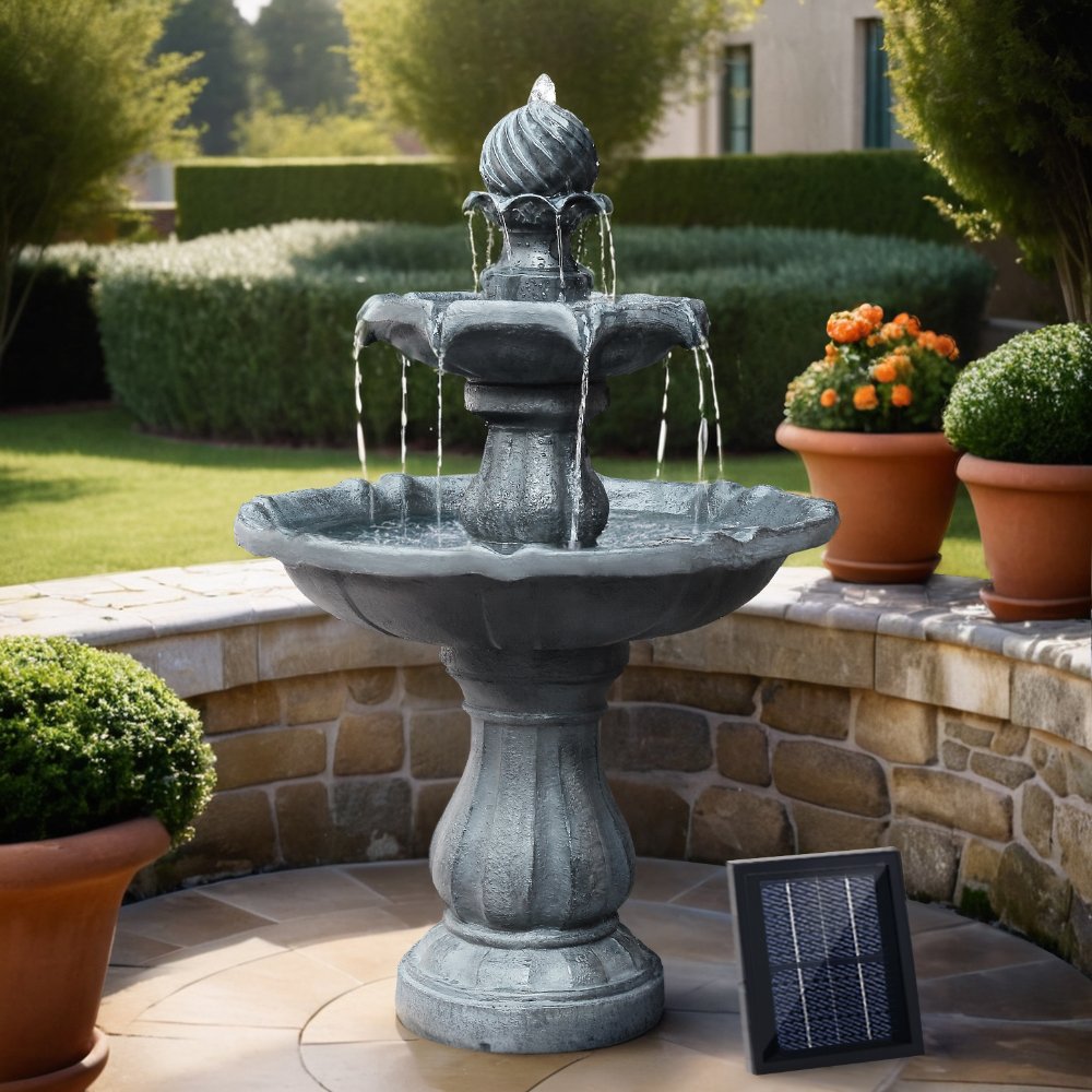 FOUNT-3LVL-BK-11876-07 Gardeon Solar Water Feature 3-Tier Fountain with Pump Kit Bird Bath 93CM Black - Image 1