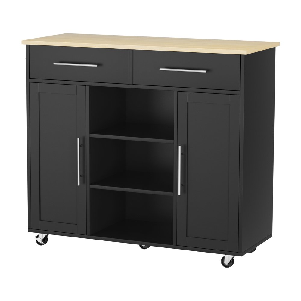 FUR-S-KI-100-BK-AB-202508061850-00 Artiss Kitchen Island Trolley Rolling Serving Cart Storage Drawer Cabinet 100cm Black - Image 1