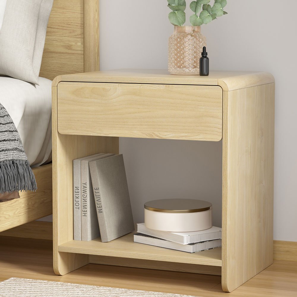 FUR-T-BS-01-WD-189485-06 Artiss Bedside Table Drawer Open Shelf Pine - Image 1