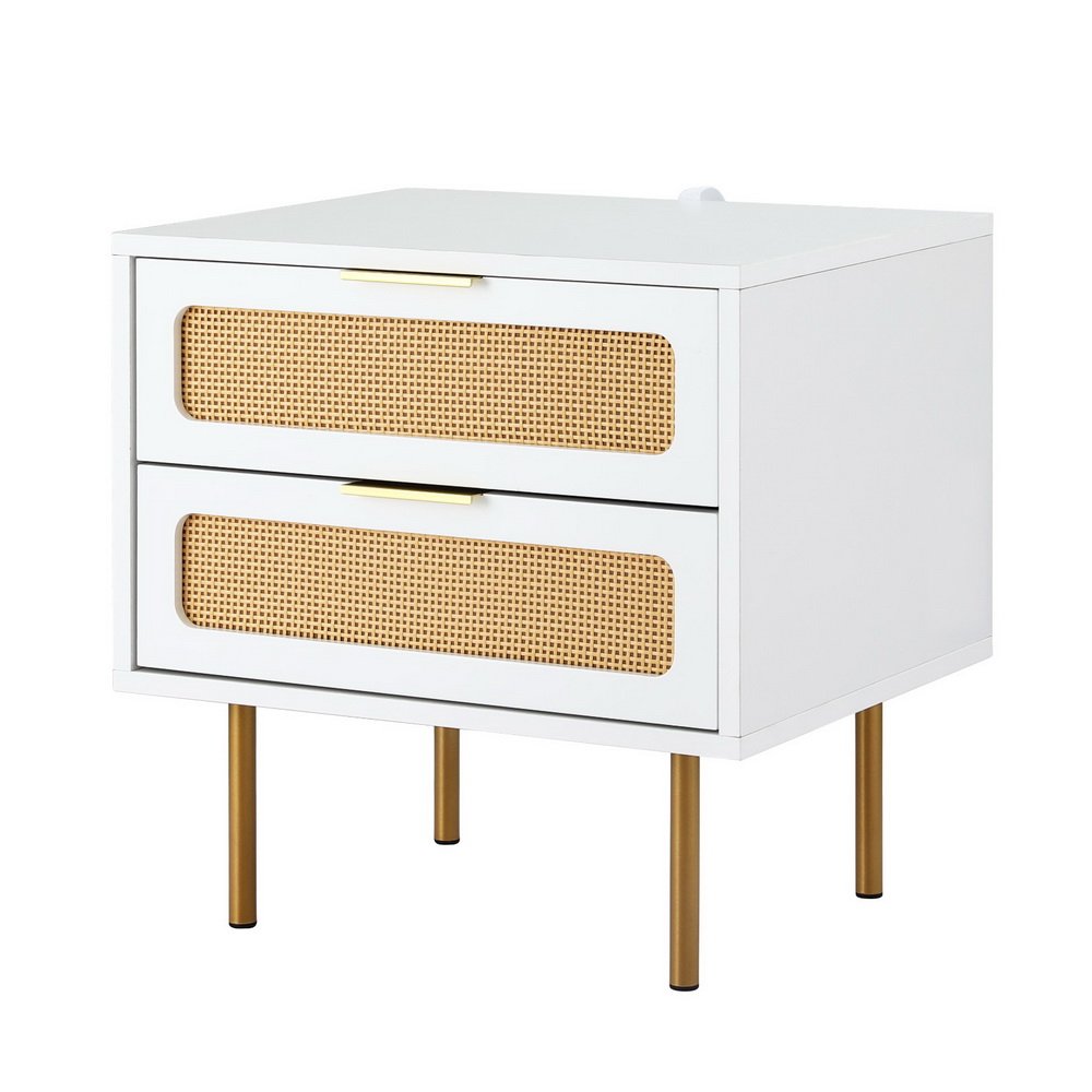 FUR-U-BS-03-RAT-WH-202505271008-00 Artiss Rattan Bedside Table 2 Drawers Pine - Image 1