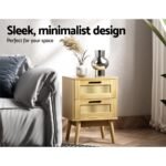 Artiss Rattan Bedside Table 2 Drawers Wood - RIE Oak - Image 4