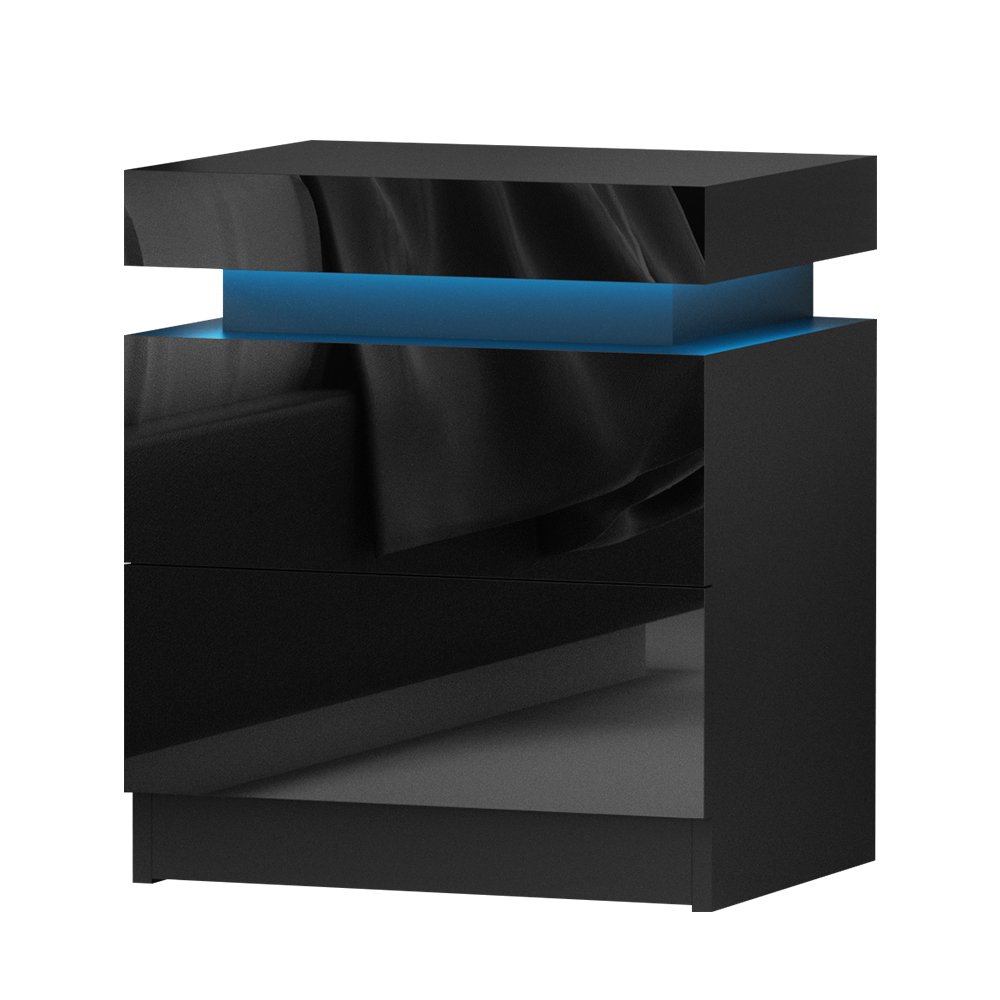 FURNI-O-LED-BS-01-BK-202502281234-07 Artiss Bedside Table LED 2 Drawers Lift-up Storage - COLEY Black - Image 1