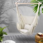 Gardeon Hammock Chair Outdoor Camping Hanging Hammocks Cushion Pillow Cream - Image 8