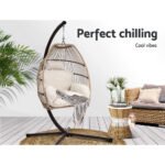 Gardeon Outdoor Egg Swing Chair Hanging Chair Wicker Rope Pod Stand Cushion Latte - Image 3