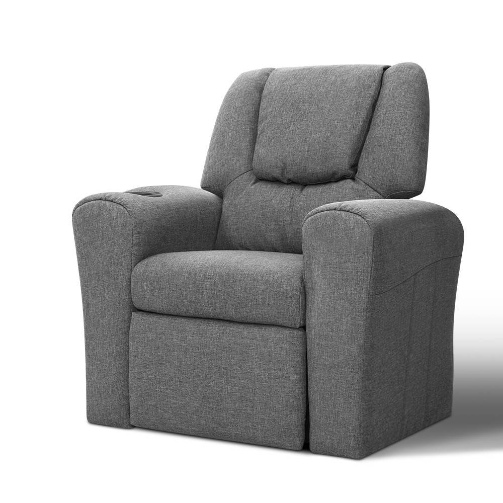 KID-RECLINER-GY-202509191626-00 Keezi Kids Recliner Chair Linen Soft Sofa Lounge Couch Children Armchair Grey - Image 1