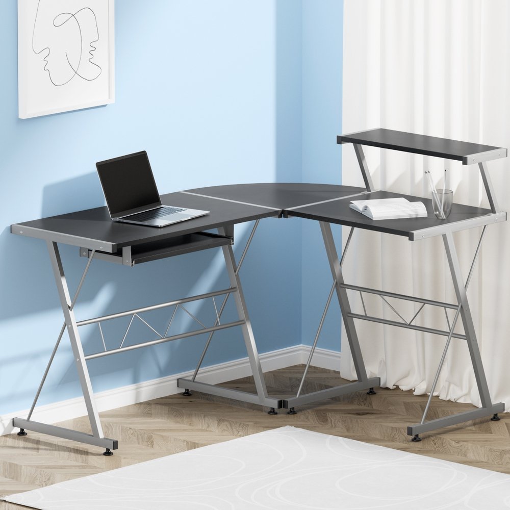 MET-DESK-117-BK-10857-07 Artiss Computer Desk L-Shape Keyboard Tray Shelf Black - Image 1