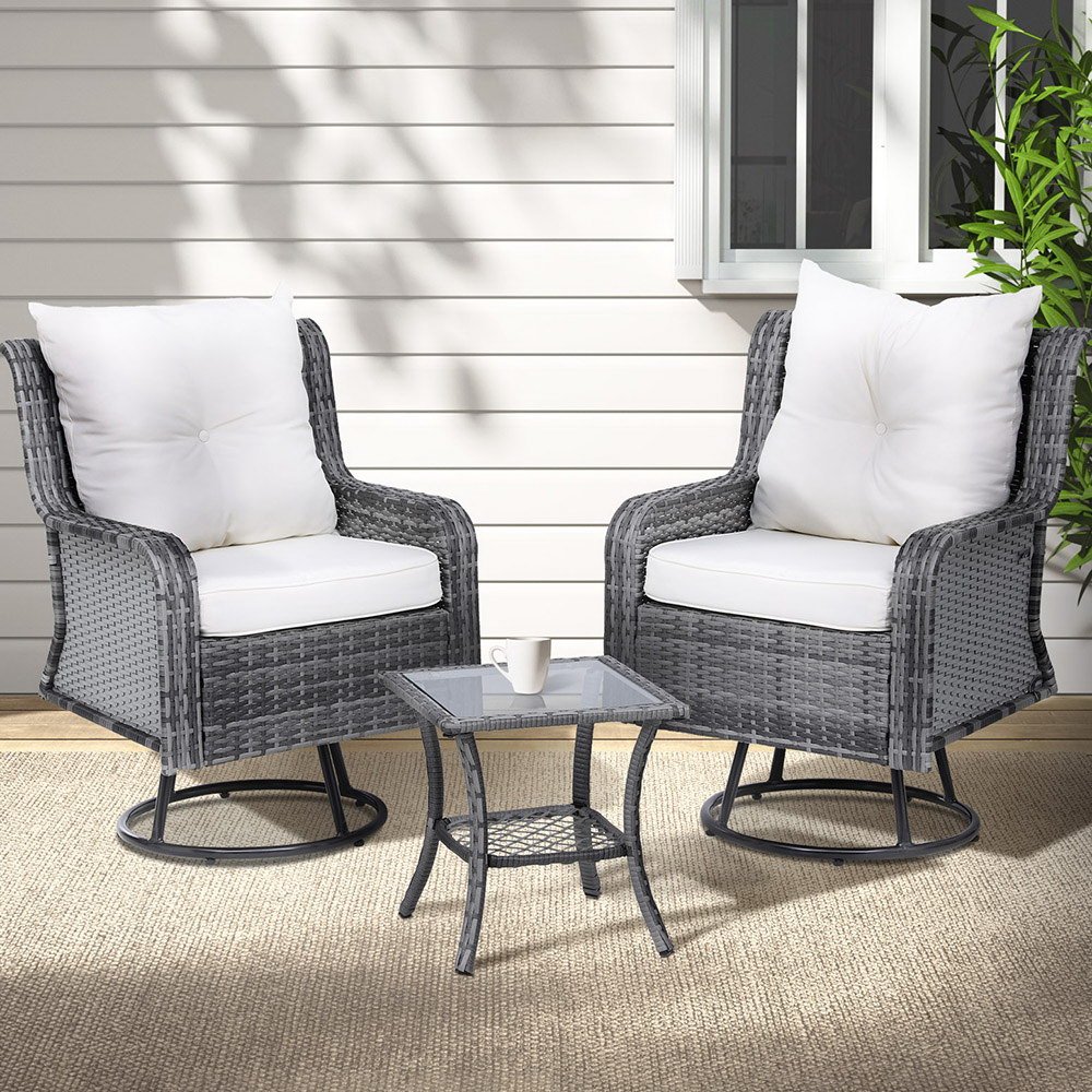 ODF-B-RAN-ROAT-3PCS-GE-AB-186490-06 Gardeon 3PC Outdoor Furniture Bistro Set Lounge Wicker Swivel Chairs Table Cushion Grey - Image 1