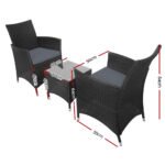 Gardeon 3PC Outdoor Bistro Set Patio Furniture Wicker Setting Chairs Table Cushion Black - Image 2