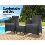 Gardeon 3PC Outdoor Bistro Set Patio Furniture Wicker Setting Chairs Table Cushion Black - Image 6
