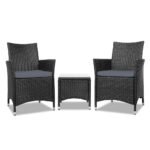 Gardeon 3PC Outdoor Bistro Set Patio Furniture Wicker Setting Chairs Table Cushion Black - Image 8