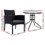 Gardeon 3PC Bistro Set Outdoor Furniture Rattan Table Chairs Cushion Patio Garden Ezra - Image 2