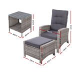Gardeon 3PC Recliner Chairs Table Sun lounge Wicker Outdoor Furniture Adjustable Grey - Image 2