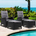 Gardeon 5PC Recliner Chairs Table Sun lounge Wicker Outdoor Furniture Adjustable Black - Image 8
