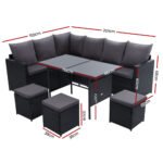 Gardeon Outdoor Dining Set Sofa Lounge Setting Chairs Table Ottoman Black Cover - Image 2