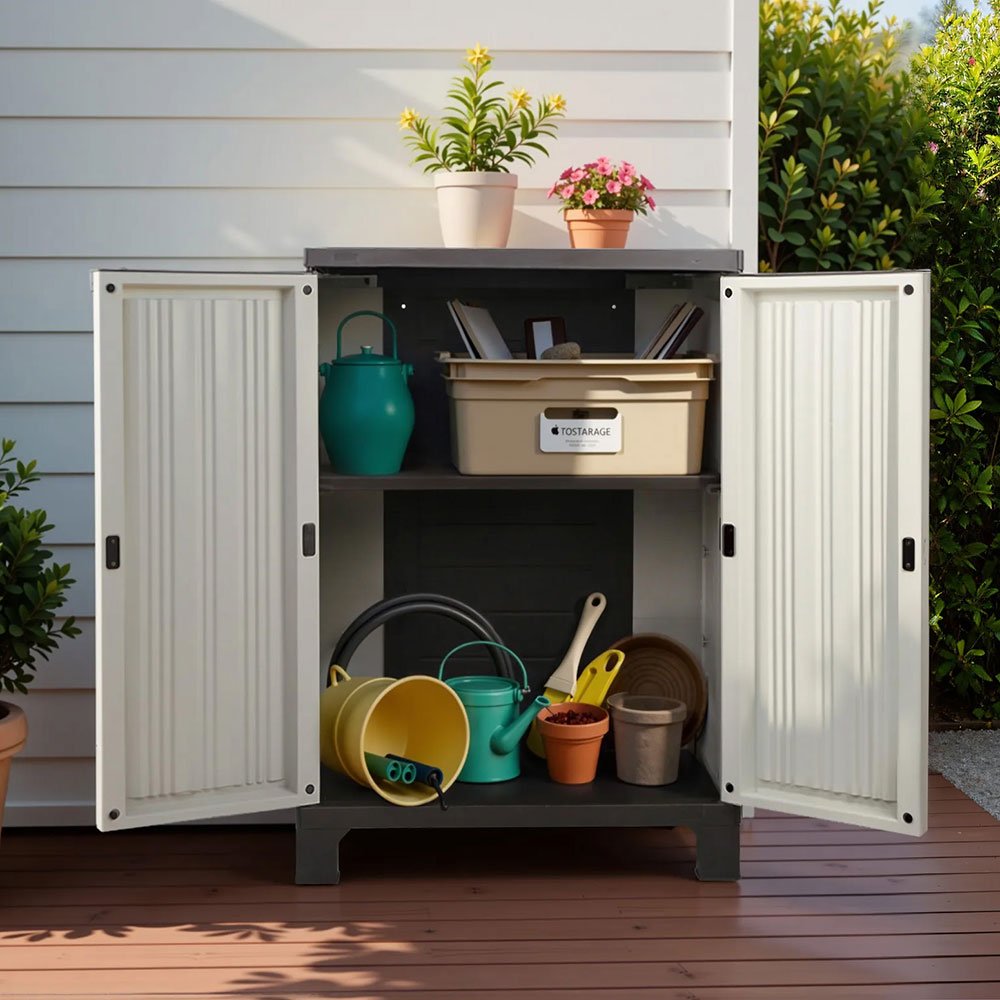 OSC-CABI-L1F-8342-07 Gardeon Outdoor Storage Cabinet Box 92cm Lockable Cupboard Sheds Garage Adjustable Beige - Image 1