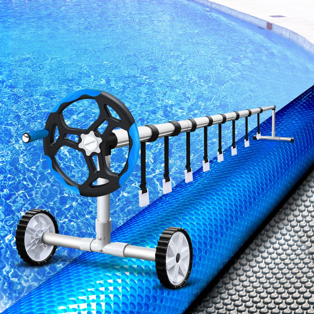 PC-70X40-L-DX-BL-ROLLER-BU-66558-06 Aquabuddy Pool Cover 500 Micron 7x4m Silver Swimming Pool Solar Blanket 5.5m Blue Roller - Image 1