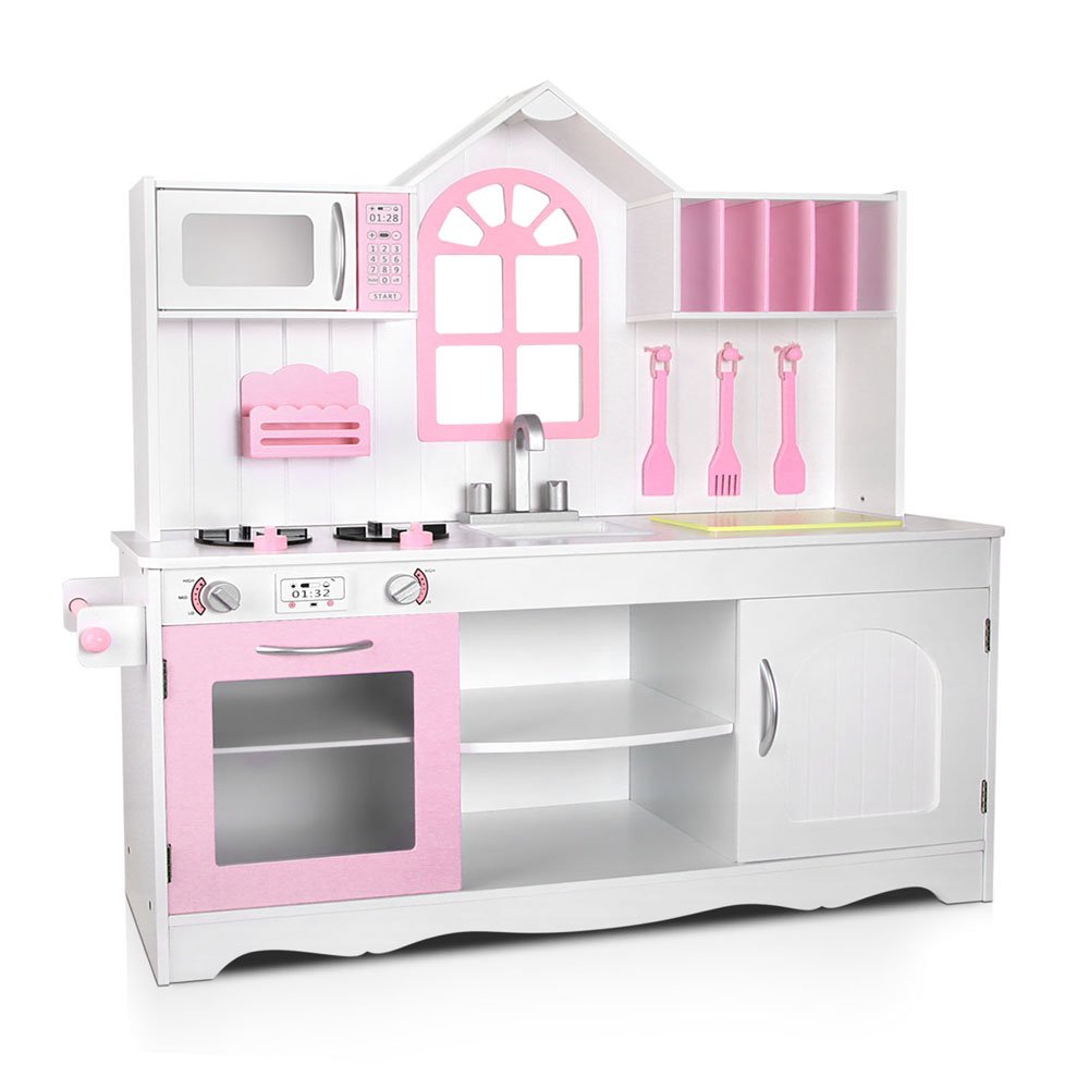 PLAY-WOOD-PRINCESS-WHITE-00 Keezi Kids Kitchen Play Set Wooden Pretend Toys Cooking Children Storage Cabinet - Image 1