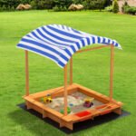 Keezi Kids Sandpit Wooden Sandbox Sand Pit with Canopy Water Basin Toys 146cm - Image 7
