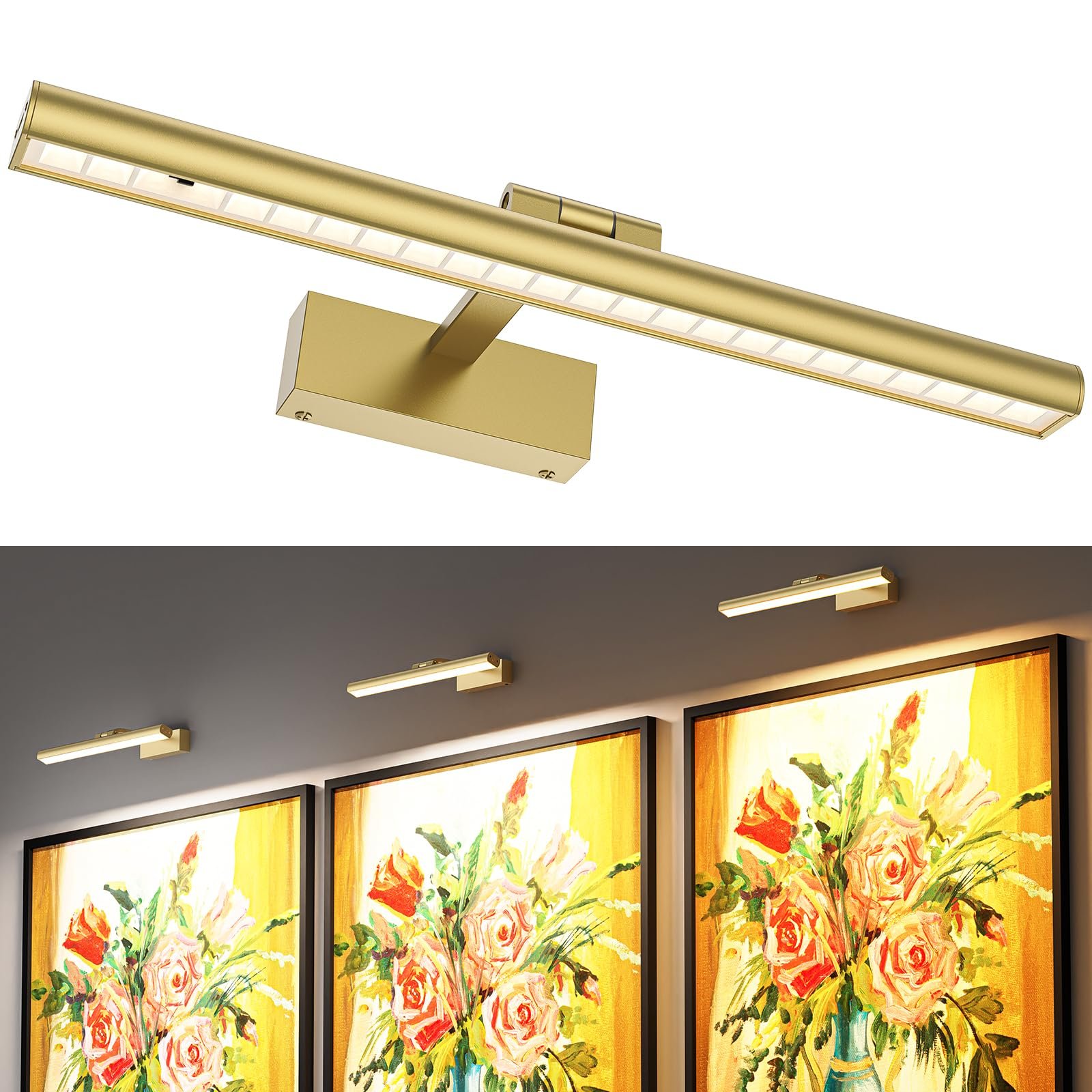 Version 1.0.0 Wireless Picture Lights for Wall, Battery Operated Wall Light for Painting Rechargeable CCT Rotatable Art Gallery Light with Remote Dimmable Timer for Artwork Frame Display Dartboard (Gold, 16inch) - Image 1