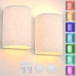 Battery Operated Wall Lights, 2 Pack Boho Decor with Remote Control, RGB Color Rustic Wall Sconces, Fabric Linen Shade Lighting