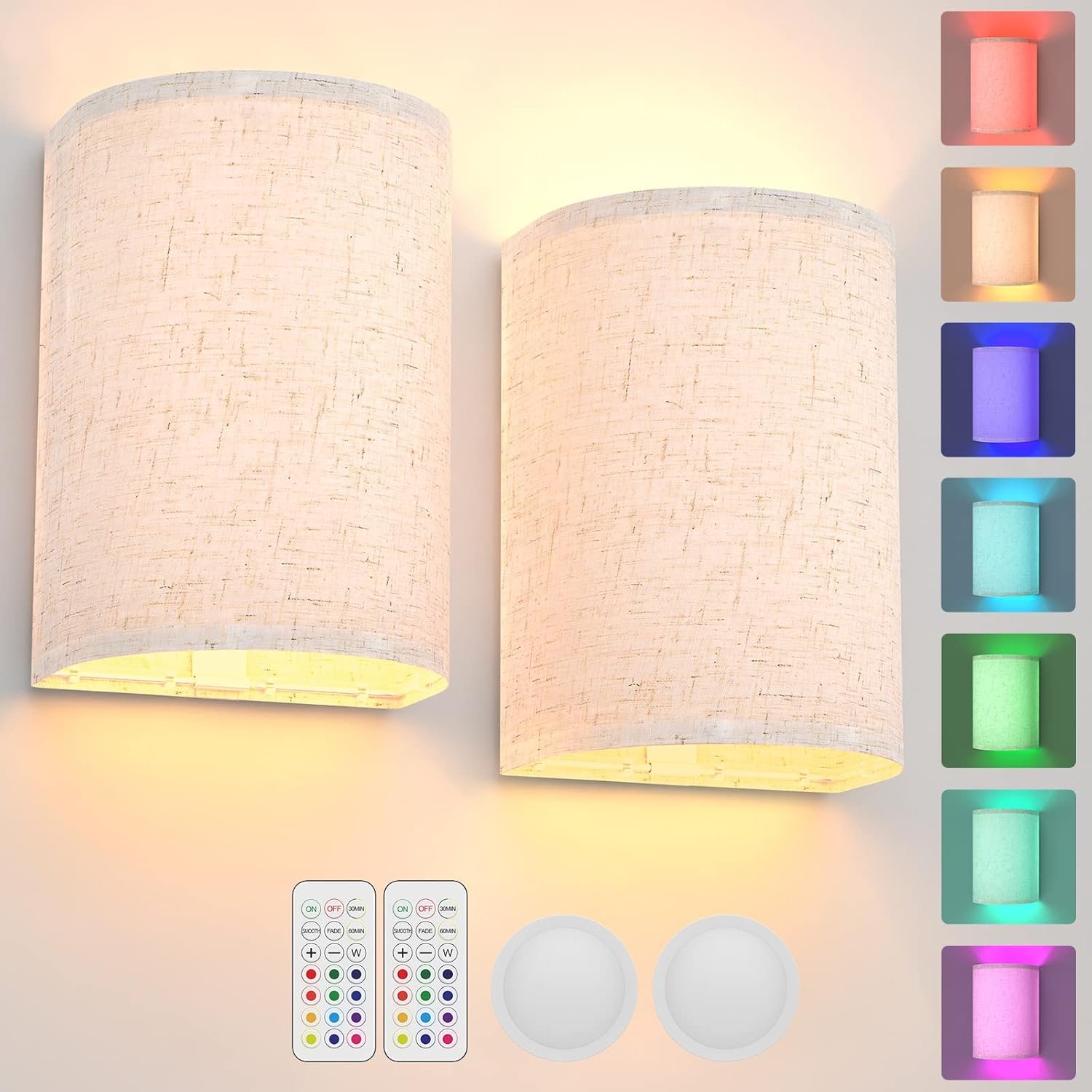 V1171-CB-WL-MAGNET-RGB-BO-2-202512161536-00 Battery Operated Wall Lights, 2 Pack Boho Decor with Remote Control, RGB Color Rustic Wall Sconces, Fabric Linen Shade Lighting - Image 1