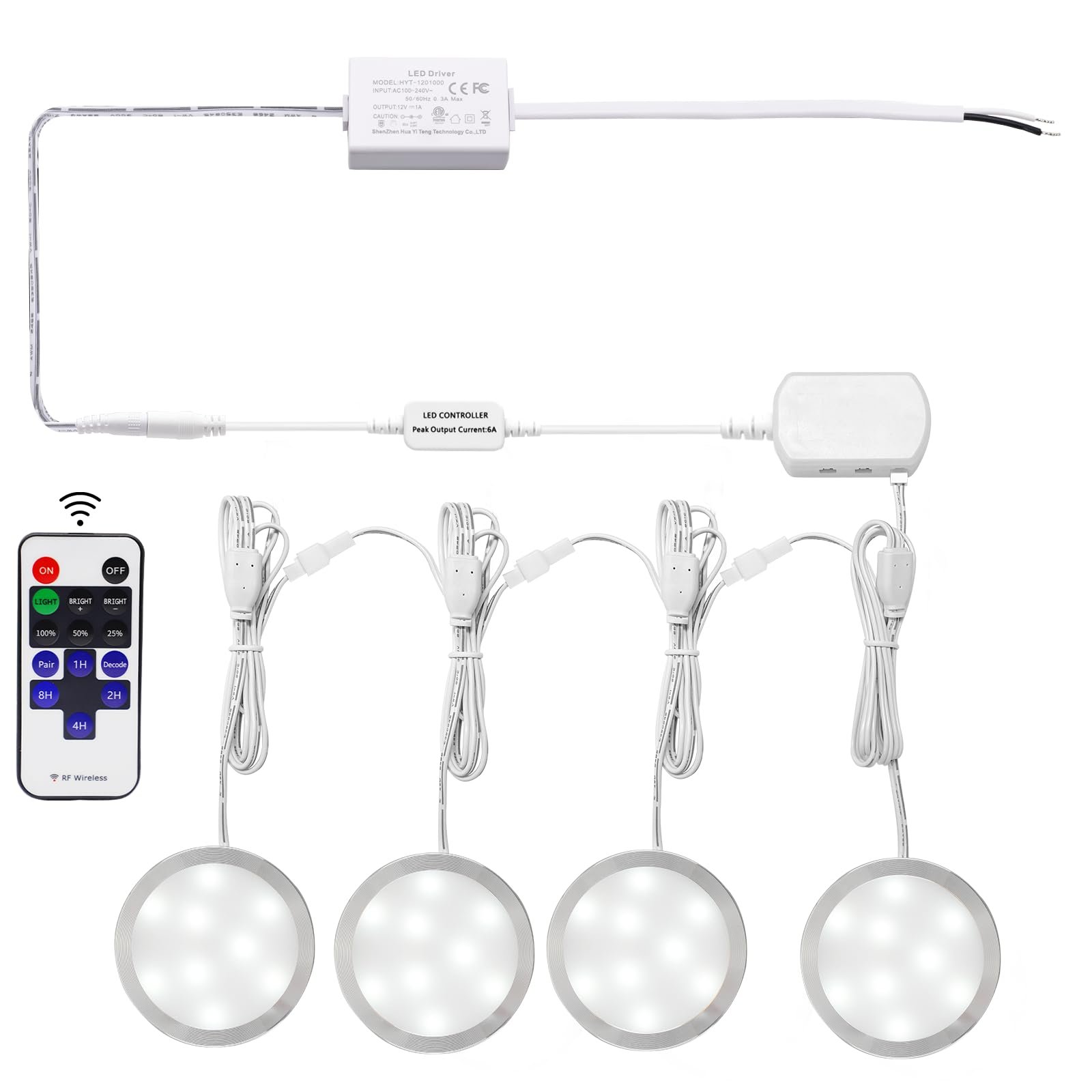 Version 1.0.0 Linkable Under Cabinet LED Lighting 12V Slim Aluminum Dimmable Puck Lights Direct Wired with RF Remote Control for Kitchen Lighting(4pack, Daylight White) - Image 1