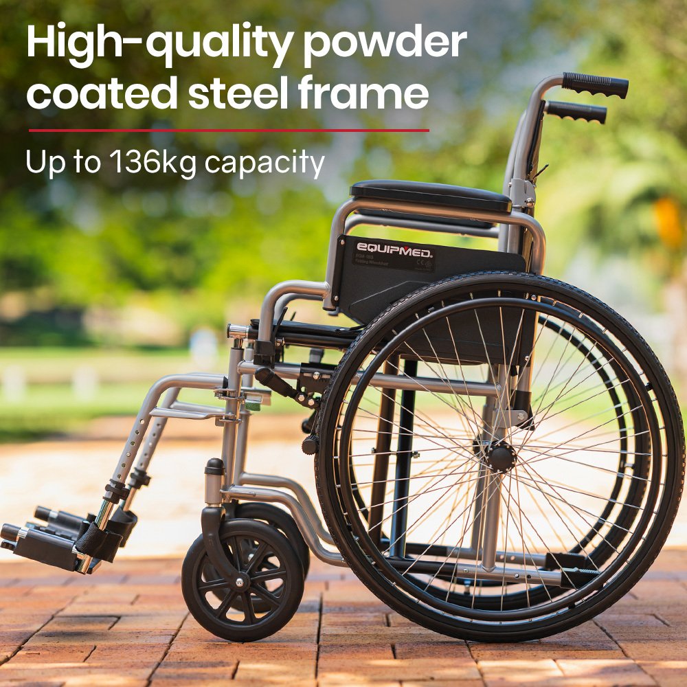 V219-EQWRHC05A-73900-01 EQUIPMED 24 Inch Folding Wheelchair Lightweight Portable for Elderly and Disabled, Grey - Image 1
