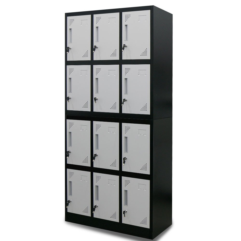 V219-STLFOA12DB-74330-00 FORTIA 12-Door Metal Storage Locker Cabinet Gym Office Lockers Compartment, Black & Light Grey - Image 1