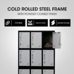 FORTIA 12-Door Metal Storage Locker Cabinet Gym Office Lockers Compartment, Black & Light Grey - Image 3