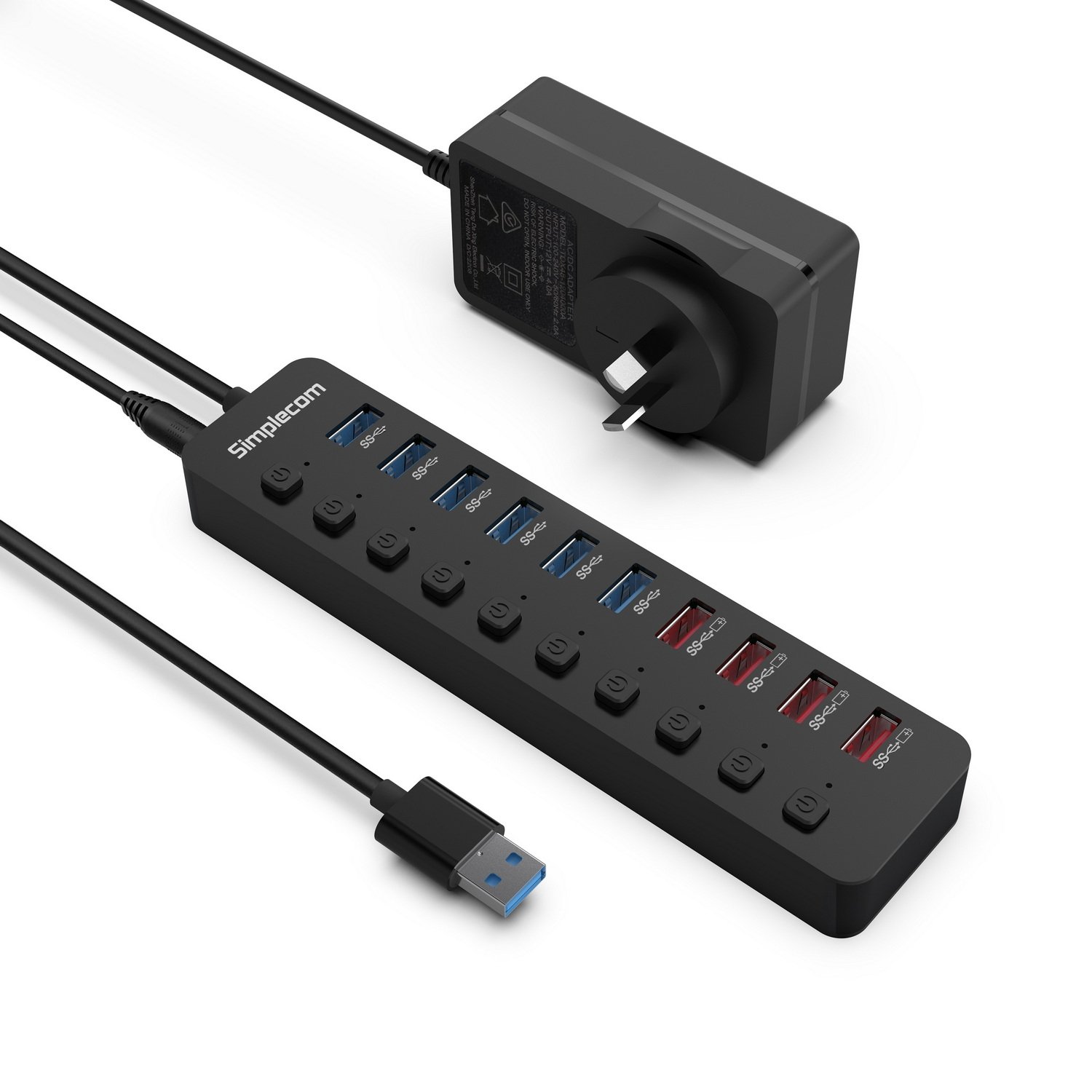 V28-CHU810-chu810_1-00 Simplecom CHU810 48W 10-Port USB 3.0 Hub and Charger with Individual Switches 12V/4A Power Adapter BC1.2 Fast Charging - Image 1
