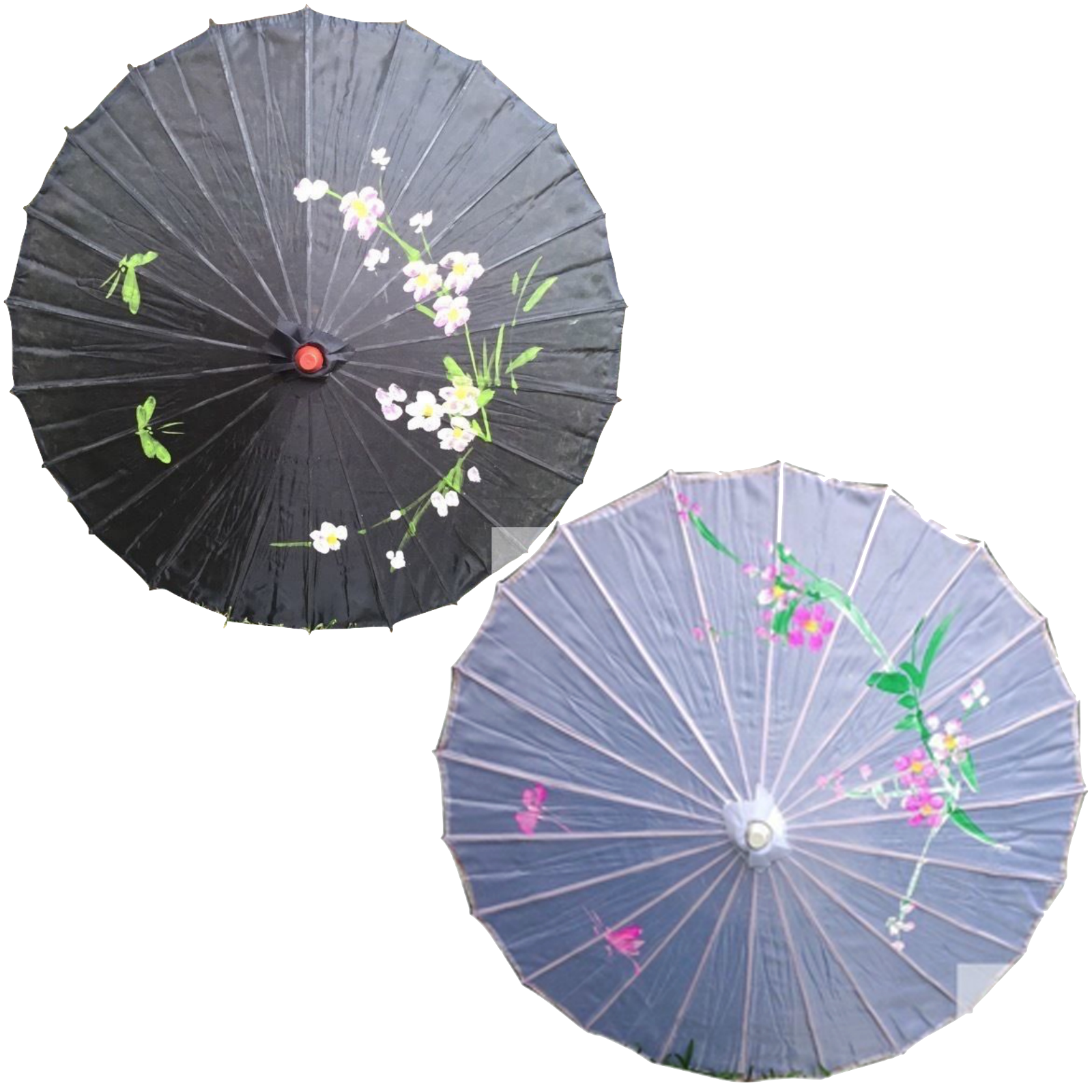 V563-PARASOLUMBSET-202511171145-00 2pc Set Parasol Umbrella Black + White Chinese Japanese Bamboo Flower Pattern - Image 1