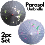 2pc Set Parasol Umbrella Black + White Chinese Japanese Bamboo Flower Pattern - Image 2