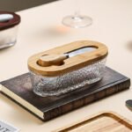 Natural wood color - hammer grain Elegant Glass Butter Dish with Wooden Lid & Matching Spreader - Sealed Butter Keeper for Freshness - Image 2