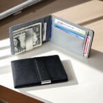 Grey Men's Slim Bifold Money Clip Wallet - Saffiano Texture PU Leather with Stainless Steel Cash Clamp - Minimalist Front Pocket Card Holder - Image 2