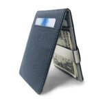 Grey Men's Slim Bifold Money Clip Wallet - Saffiano Texture PU Leather with Stainless Steel Cash Clamp - Minimalist Front Pocket Card Holder - Image 3