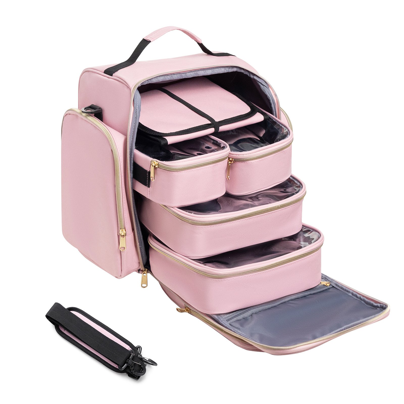 V888-ELOSUNG37003-202509091016-00 Large Capacity Travel Makeup Backpack with 5 Removable Organizer Cases & Jewelry Roll(pink) - Image 1