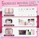 Large Capacity Travel Makeup Backpack with 5 Removable Organizer Cases & Jewelry Roll(pink) - Image 2