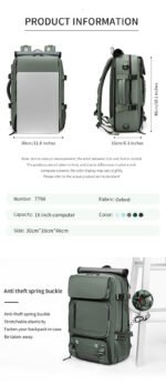 4-in-1 Convertible Travel Backpack & Briefcase - Large Capacity, 16" Laptop Compartment, USB Port(Dark Green) - Image 3