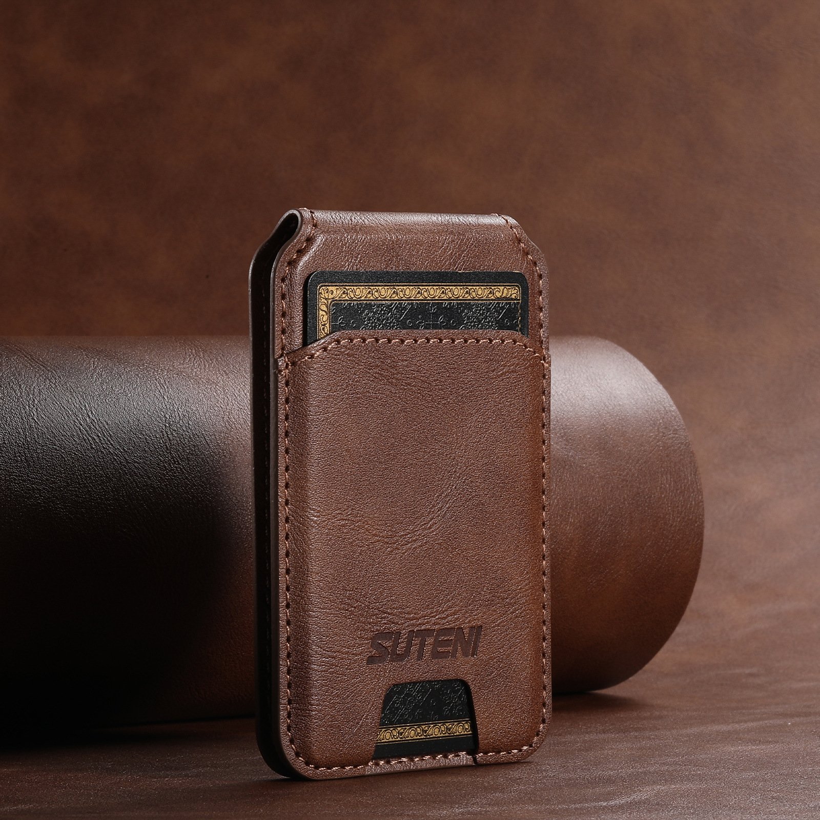 V888-ELOSUNG38034-202510031236-00 Brown Slim Magnetic Wallet with Kickstand for MagSafe - PU Leather Card Holder - Image 1