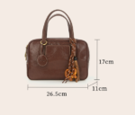 Small Size Red Vintage Genuine Split Leather Bowling Bag for Women - Retro Top Handle Satchel & Crossbody Purse - Image 3